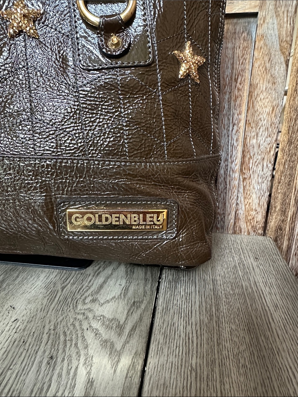 Goldenbleu Made in Italy Vintage Dark Brown Patent Leather Gold Stars Satchel - Picture 2 of 14